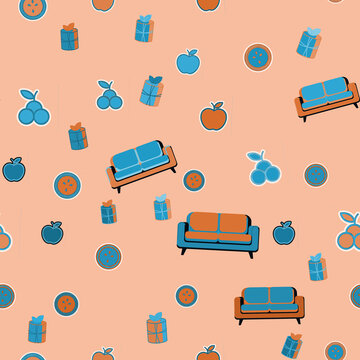 Seamless pattern with sofas, apples, grapes, and gifts