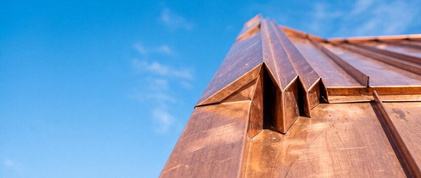 Shiny copper standing seam roof detail against bright blue sky with clouds.