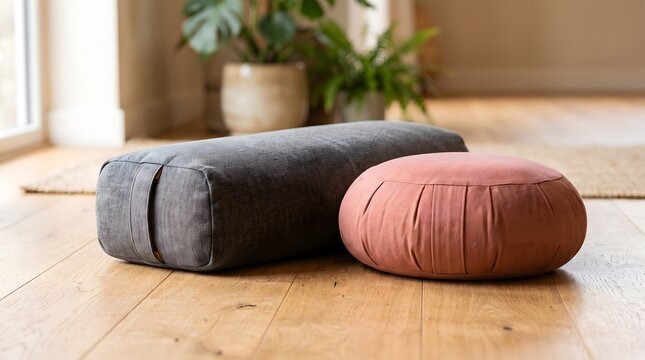 Yoga bolster and pink meditation cushion on wooden floor in a bright cozy room