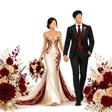 Romantic bride and groom couple standing together with red floral background vector illustration