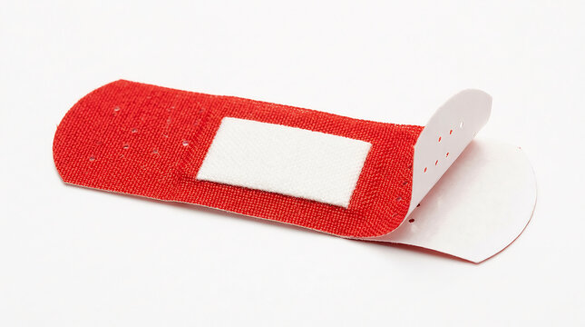 A single red adhesive bandage strip isolated on a white background for medical wound care and first aid
