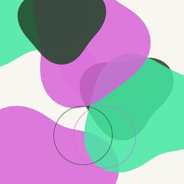 Abstract boho background with organic fluid shapes and overlapping circles in purple and green