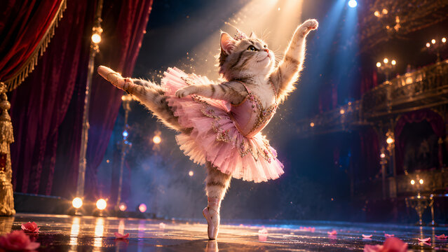 Cute Cat Wearing Ballet Tutu Dancing on Stage &ndash; Adorable Animal Ballerina Performance