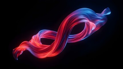 Obraz premium Abstract flowing silk fabric with vibrant red and blue gradient lighting, forming an elegant infinity loop shape against a deep black background, 3d render, high resolution artistic wave