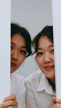 Blank copy space sits between two Asian women holding white cards. The portrait fits advertising, messages, headlines, and promotional text.