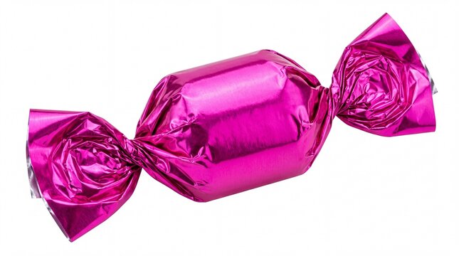 Single pink candy wrapped in shiny metallic foil