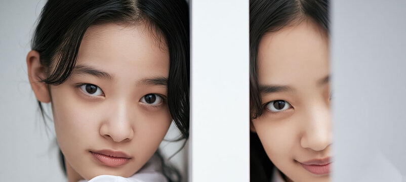 Blank copy space sits between two Asian women holding white cards. The portrait fits advertising, messages, headlines, and promotional text.