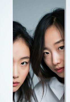 Blank copy space sits between two Asian women holding white cards. The portrait fits advertising, messages, headlines, and promotional text.