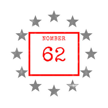 Number 62 inside a red square with grey stars around
