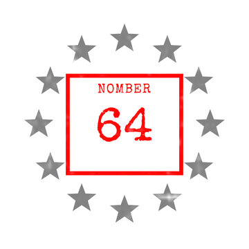 Number 64 inside a red square with grey stars around