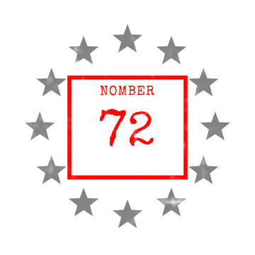Number 72 inside a red square with grey stars around