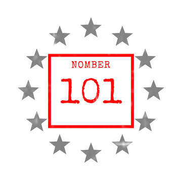 Number 101 inside a red square with grey stars around
