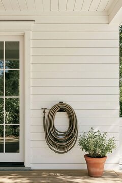Coiled garden hose mounted on a white wooden wall beside a potted plant in a residential porch setting with a door and window