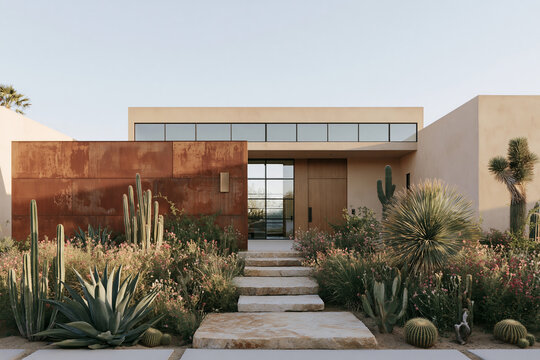 Modern desert home featuring khaki stucco, corten steel entry wall, clerestory windows, and blooming cacti in warm afternoon light