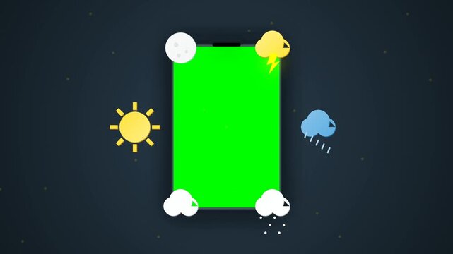 Digital Mobile Weather Animation Interface with Green Screen Tablet Display for Customizable Forecast App Data and Global Climate Tracking Technology
