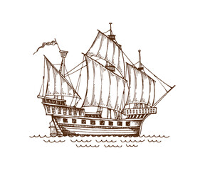 Hand drawn sketch pirate antique sail ship. Pirate hand drawn warship, historical engraving isolated vector brown sail ship. Wooden sketch caravel or European fleet graphic galleon vessel © Seavector