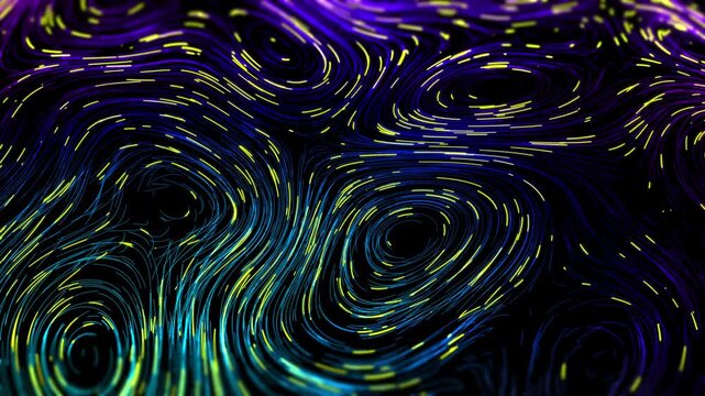 Abstract Luminous Streamline Vortex Background.An abstract visualization featuring bright flowing lines and particle trails forming multiple vortices and curved stream patterns on a dark background.