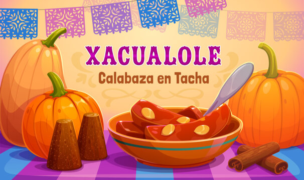 Mexican piloncillo Xacualole Day of the Dead food. Dulce de Calabaza or Chacualole dessert ofrenda offering with Xacualole candied pumpkin bowl, whole cane sugar cones, cinnamon and papel picado flags