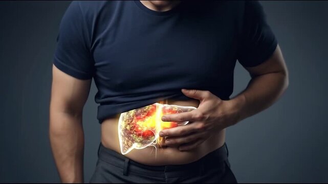 Man Abdominal Pain, Fatty Liver, Visceral Fat, Stomach and Abdomen Health Concern in Overweight Male with Metabolic Risk and Medical Wellness Illustration for SEO Search