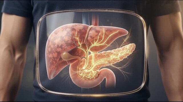 Visceral Fat, Fatty Liver, Digestive System Anatomy in Human Torso, Medical Metabolic Health Concept with Glowing Abdominal Scan and Highlighted Digestive Organs