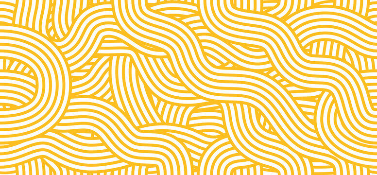 Noodles and pasta seamless pattern background. Asian ramen and italian spaghetti bg of traditional cuisine food. Yellow white wavy lines pattern with abstract pasta and noodle texture background