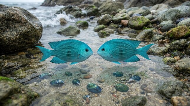 Two blue fish swimming in a rocky coastal tide pool