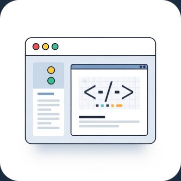 Web browser window with code snippets and programming tags on a white background