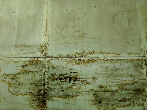 A ceiling damaged by rainwater dripping from the roof.
