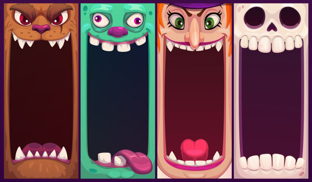 Scary Halloween monster characters faces. Creepy vector open mouths with teeth and tongues. Werewolf, zombie, witch, and skeleton personages for Halloween games, and party decor