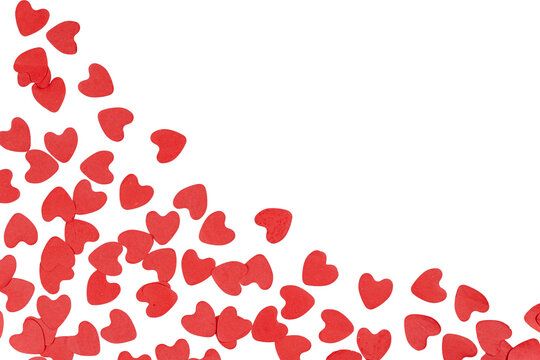 Red heart shaped confetti corner border decoration isolated on transparent background for valentine love celebration