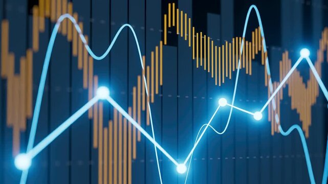 A digital display of market data with line graphs and bar charts. The colors indicate different values. It represents financial analysis and trends over time.