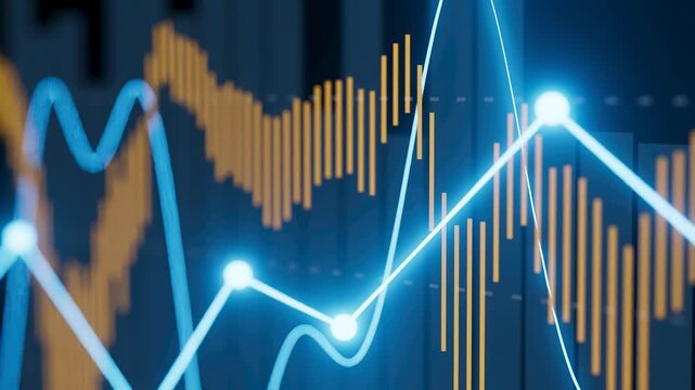 The chart shows financial data trends with lines and bars. Bright colors highlight important points. This scene represents data analysis in a modern financial setting.