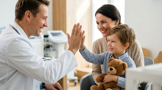 Doctor gives high five to smiling boy with teddy bear in clinic with mom