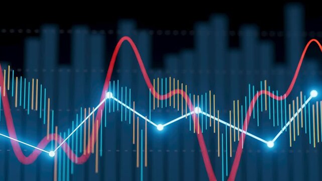 Line graphs with red and blue lines crossing on a dark background. Vertical bars display statistical data in digital style. The image highlights data trends over time.