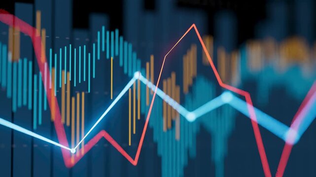 Visual displays data trends in finance with lines and bars. The colors blue, red, and yellow highlight different market movements over time.