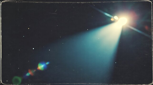 Bright beam of light shining across a dark starry night sky