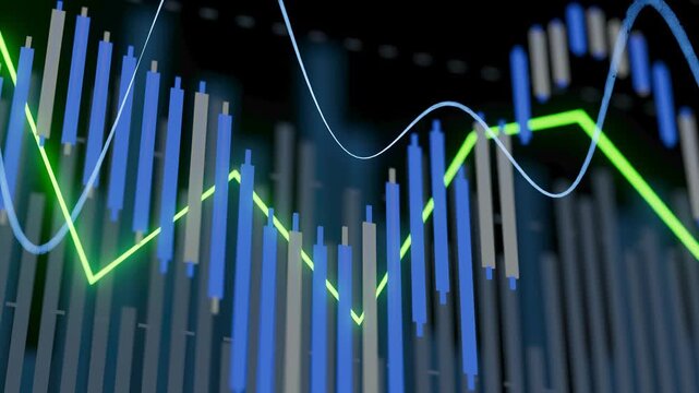 A financial graph shows market trends with blue and green lines. The candlestick patterns vary in height and color, representing different market movements.
