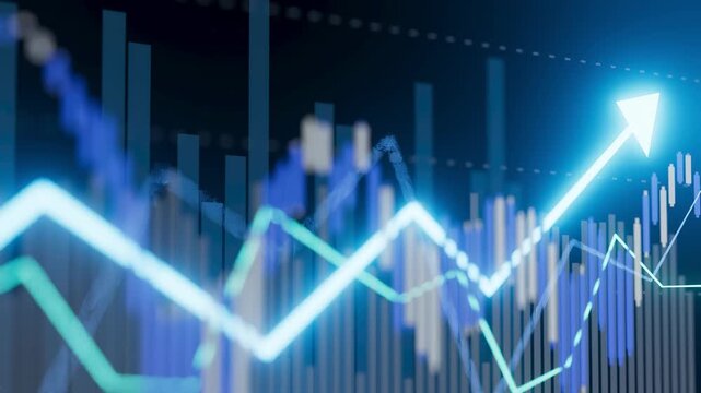 The scene displays graphs indicating market trends with rising stock prices. Lines and bars illustrate financial data in vibrant colors. This representation shows current market activity.