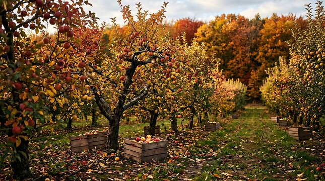 Scenic Apple Orchard in Autumn with Wooden Harvest Bins Filled with Fresh Ripe Fruit During the Fall Harvest Season