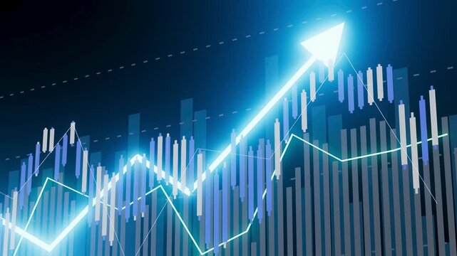 A digital chart shows an upward trend in financial data. The chart has various lines and bars representing fluctuating values. The design is sleek and modern.