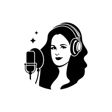 narrator woman with headphones and mic podcast logo vector illustration