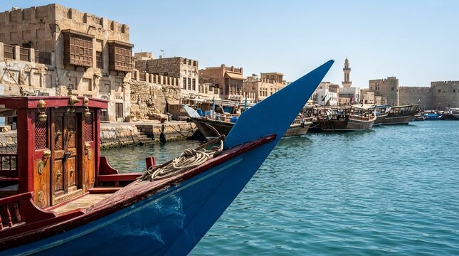 Traditional wooden dhow boats in historical harbor