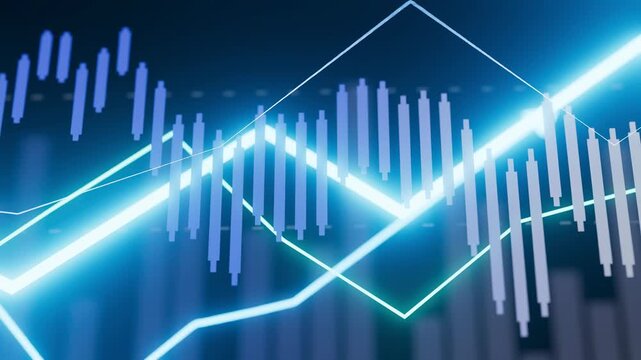 The scene shows a financial chart with rising and falling stock prices. Candlestick patterns are visible alongside a blue line tracking trends over time.