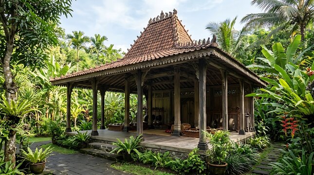 Traditional Wooden Javanese Joglo House Surrounded by Lush Tropical Jungle Foliage for Eco Tourism Travel Destination