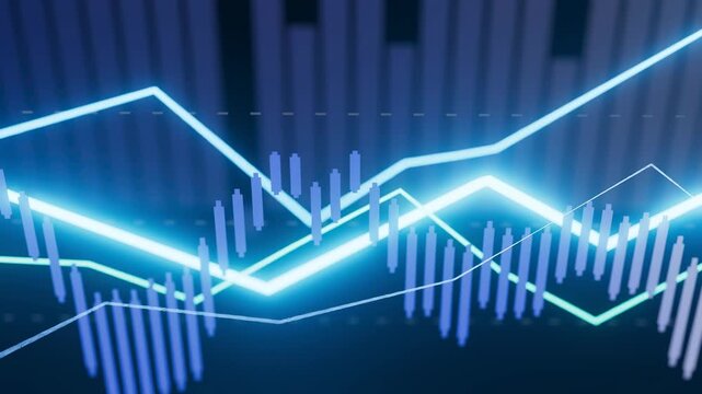 Graphs show market trends with rising and falling lines in blue and green lights. The background is dark, enhancing the visibility of the data.