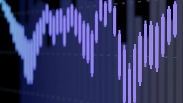 Colors and shapes represent sound waves in a studio setting. The bars rise and fall in a rhythmic pattern highlighting audio frequencies. This scene captures music creation's technical side.