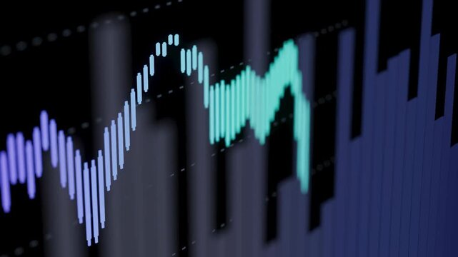 A detailed view of a stock market graph showing a line and bar chart. The graph displays data changes over time. The dark background contrasts with the colorful data lines.