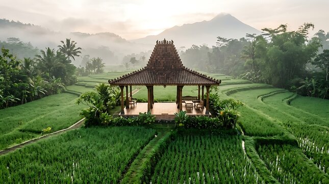 Traditional Javanese Pavilion Amidst Lush Green Rice Terraces in Morning Mist Landscape for Asian Tourism and Travel Promotion