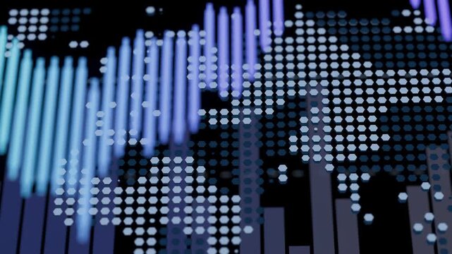 Graphs display market trends across different regions in a digital format. The background includes a world map design with dots and bars representing various data points.