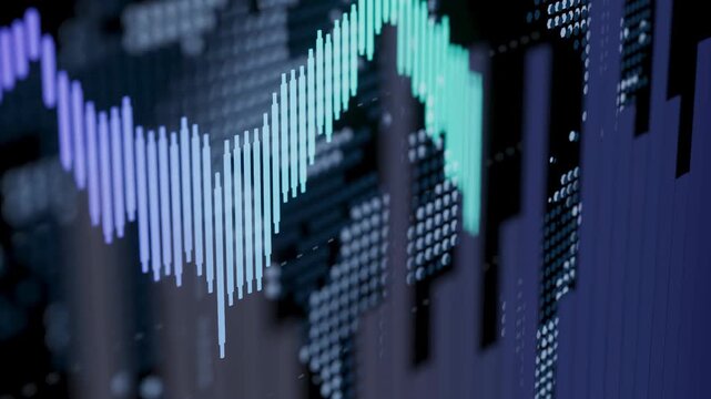 A close view of a digital display with graphs. Lines and bars indicate stock market movements. The colors change to represent data over time.